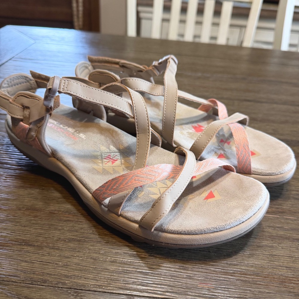 Skechers Reggae Slim Vacay Strappy Sandals Taupe Coral Memory Foam Womens 10